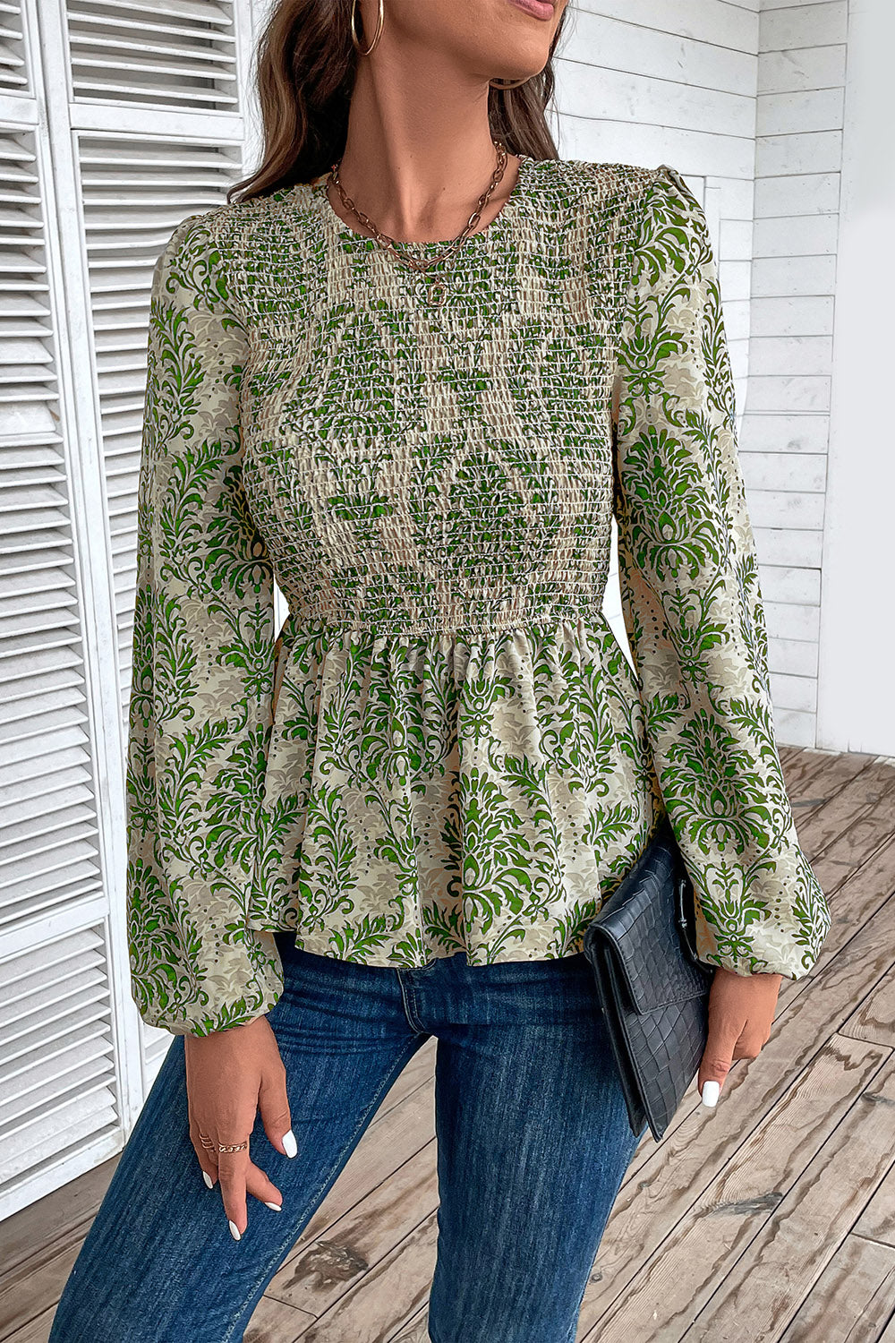 Smocked Printed Balloon Sleeve Blouse - The Beaucoup Home