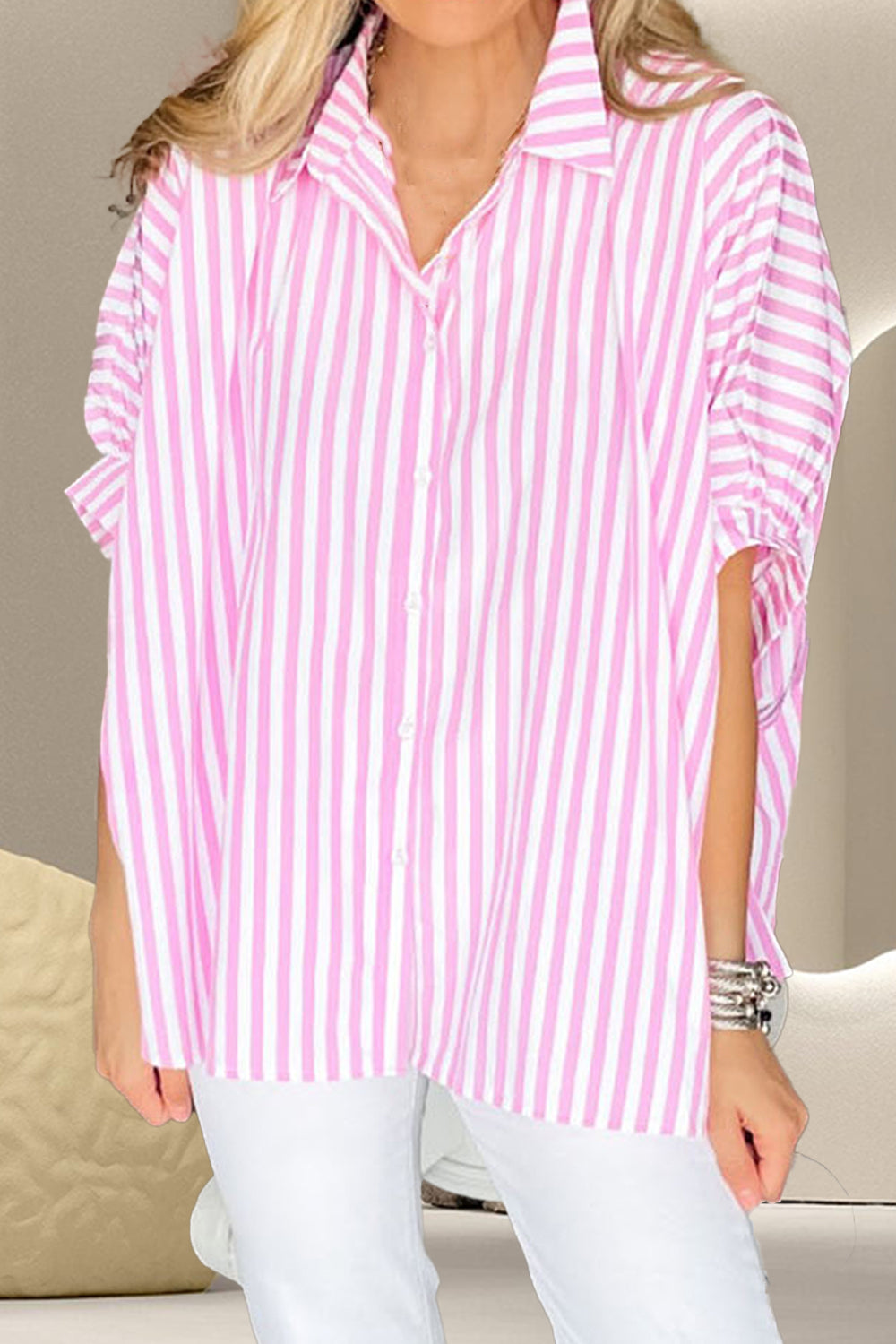 Striped Collared Neck Half Sleeve Shirt - The Beaucoup Home