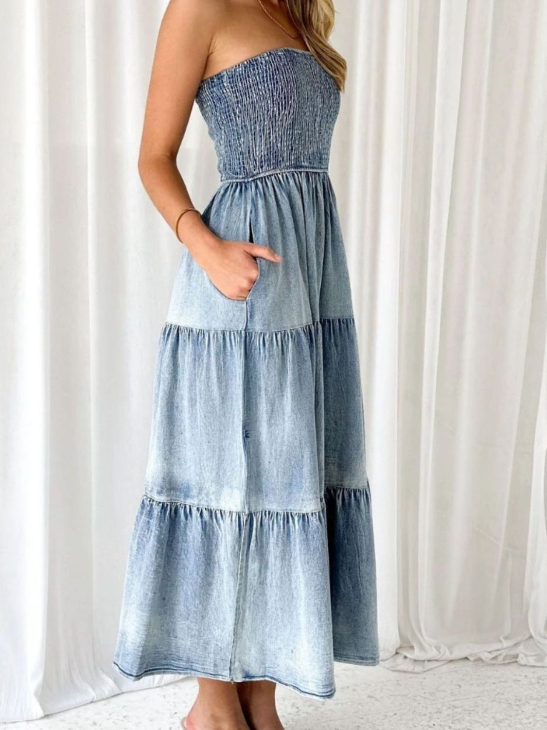 Slit Smocked Tube Tiered Denim Dress - The Beaucoup Home