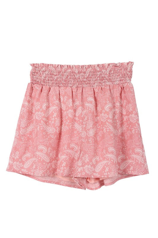 Paisley Shirred Waist Casual Shorts