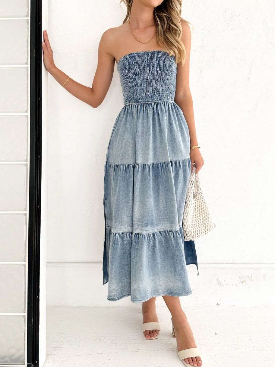 Slit Smocked Tube Tiered Denim Dress - The Beaucoup Home