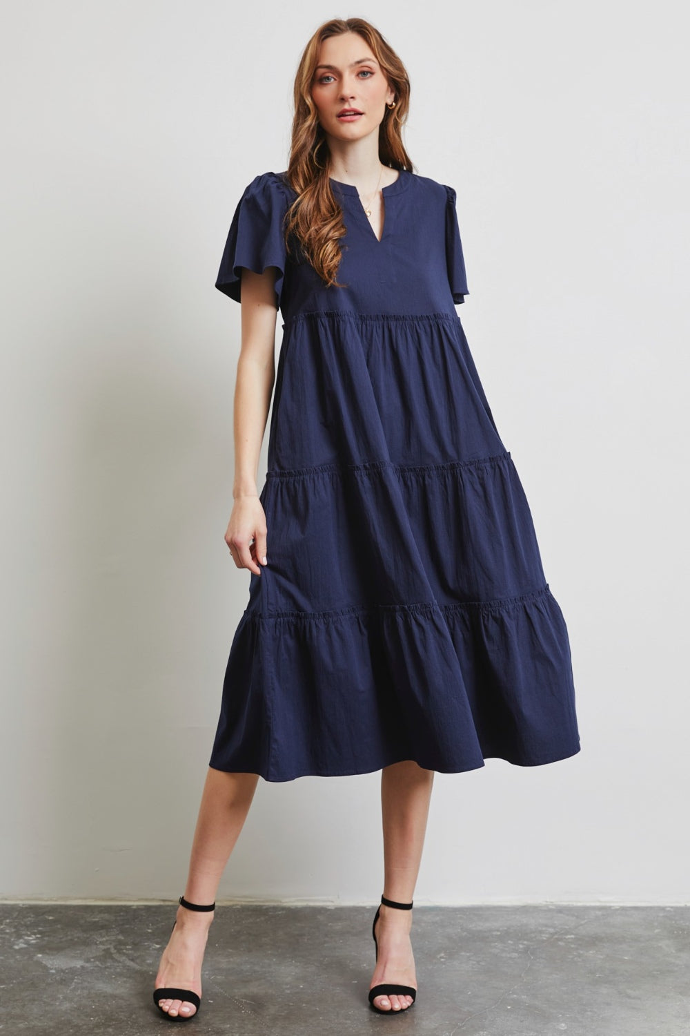 HEYSON Full Size Cotton Poplin Ruffled Tiered Midi Dress - The Beaucoup Home