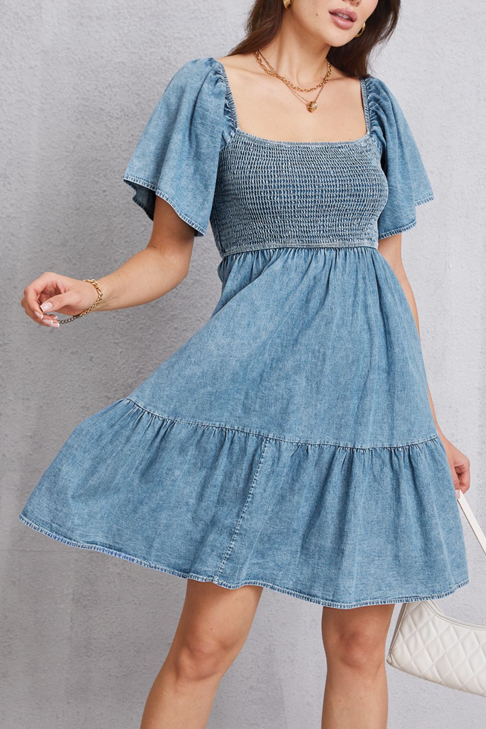 Smocked Square Neck Mini Denim Dress - The Beaucoup Home