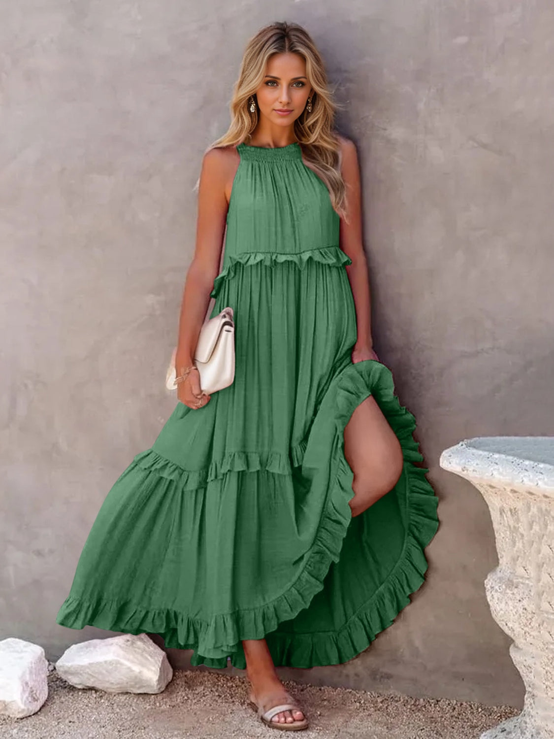 Ruffled Sleeveless Tiered Maxi Dress with Pockets - The Beaucoup Home