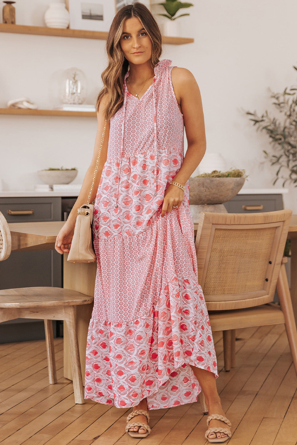 Mixed Print Tie-Neck Sleeveless Maxi Dress - The Beaucoup Home