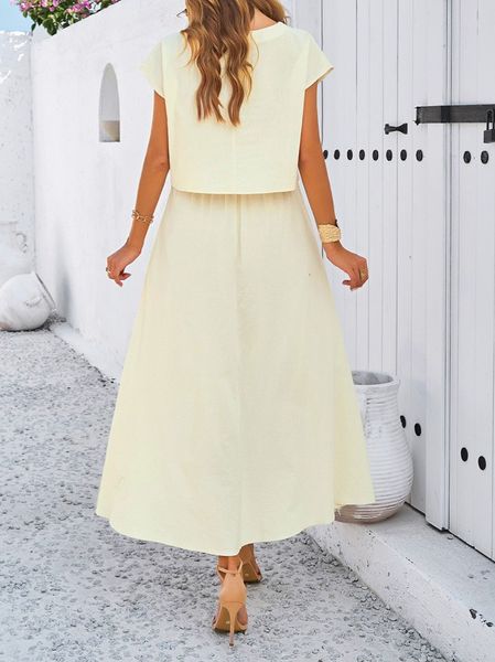 Solid Color Casual Sleeveless Top and Long Pleated Skirt  2 Piece Set