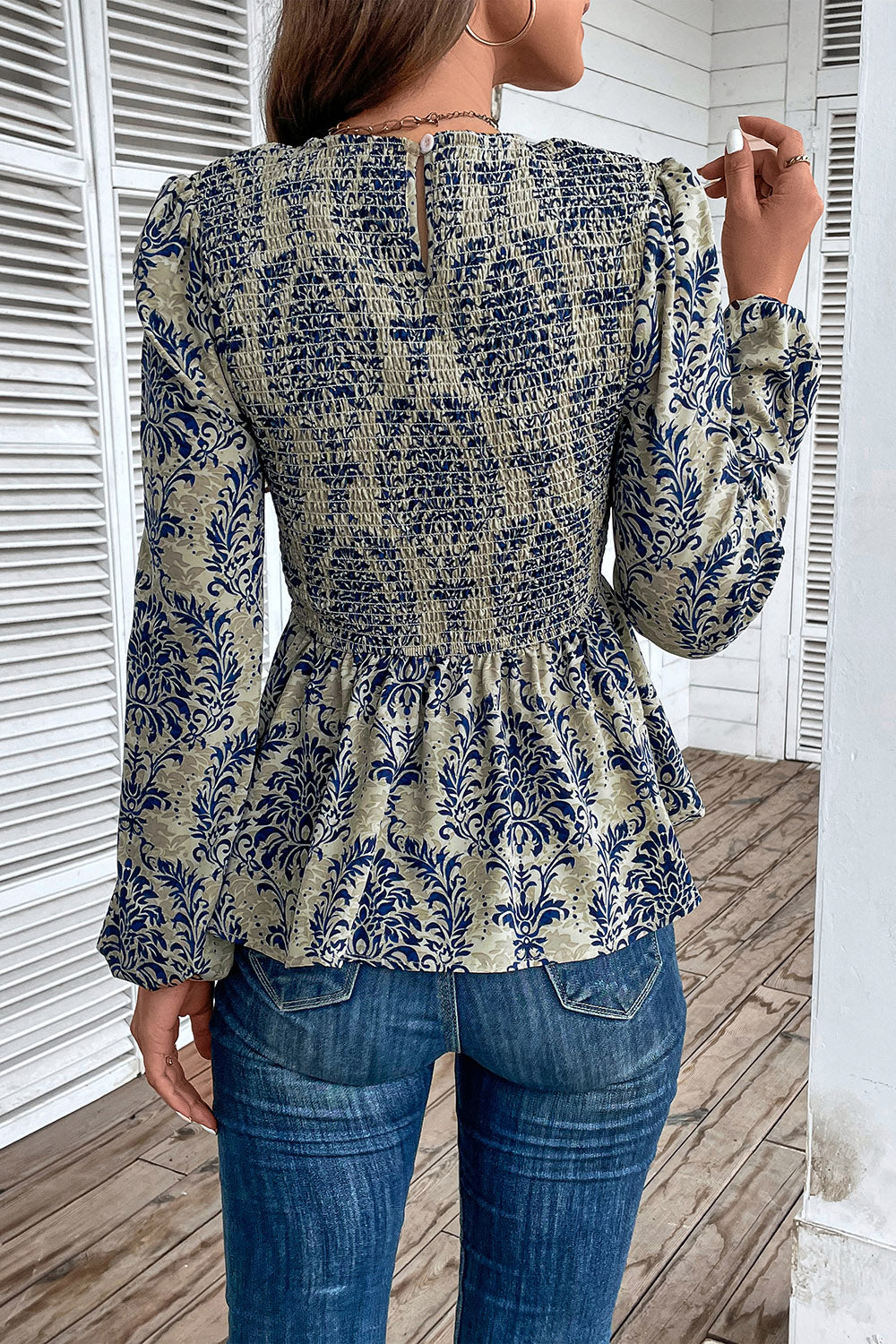 Smocked Printed Balloon Sleeve Blouse - The Beaucoup Home