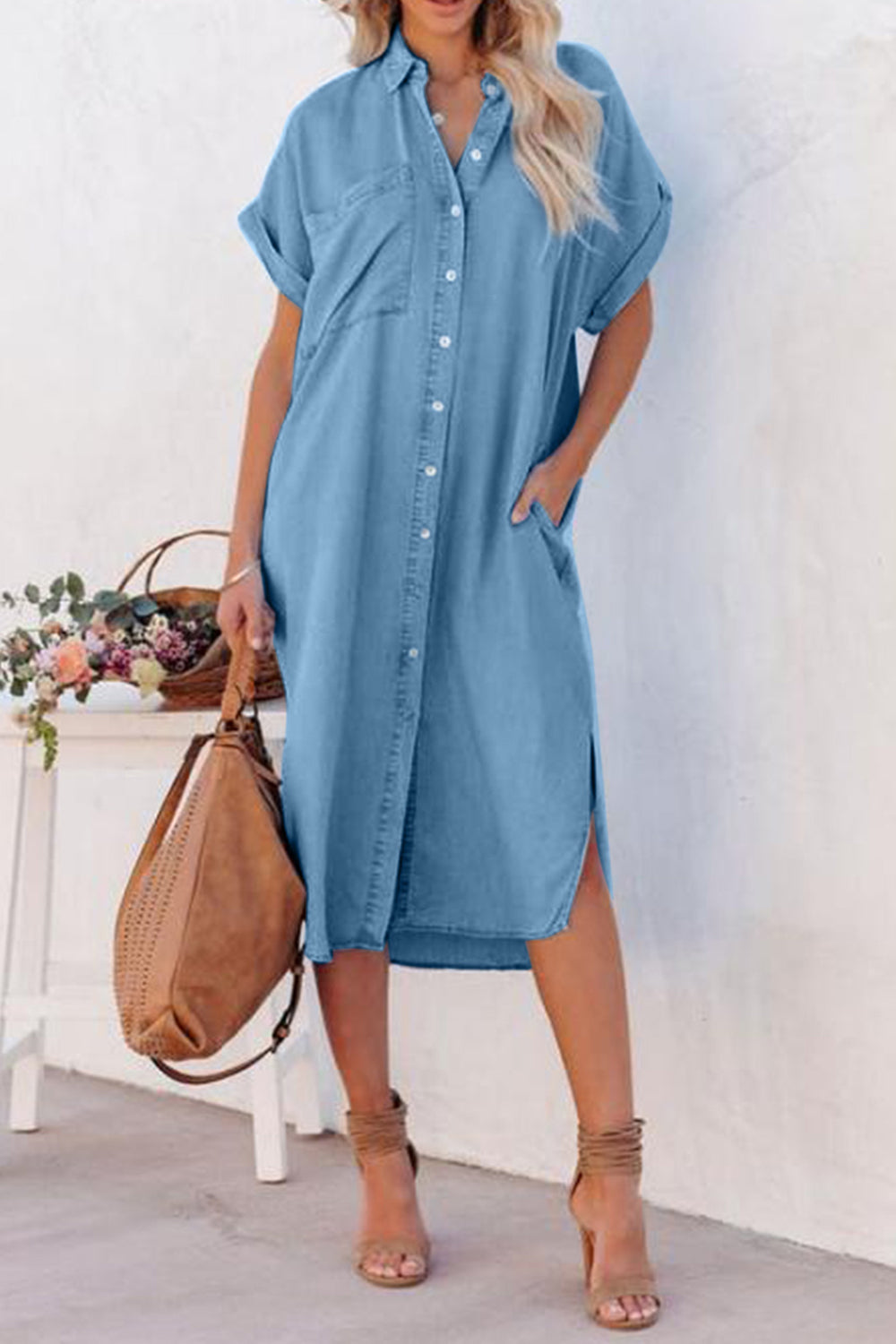 Slit Button Up Short Sleeve Imitation Denim Dress - The Beaucoup Home