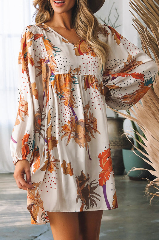 Printed V-Neck Balloon Sleeve Mini Dress - The Beaucoup Home