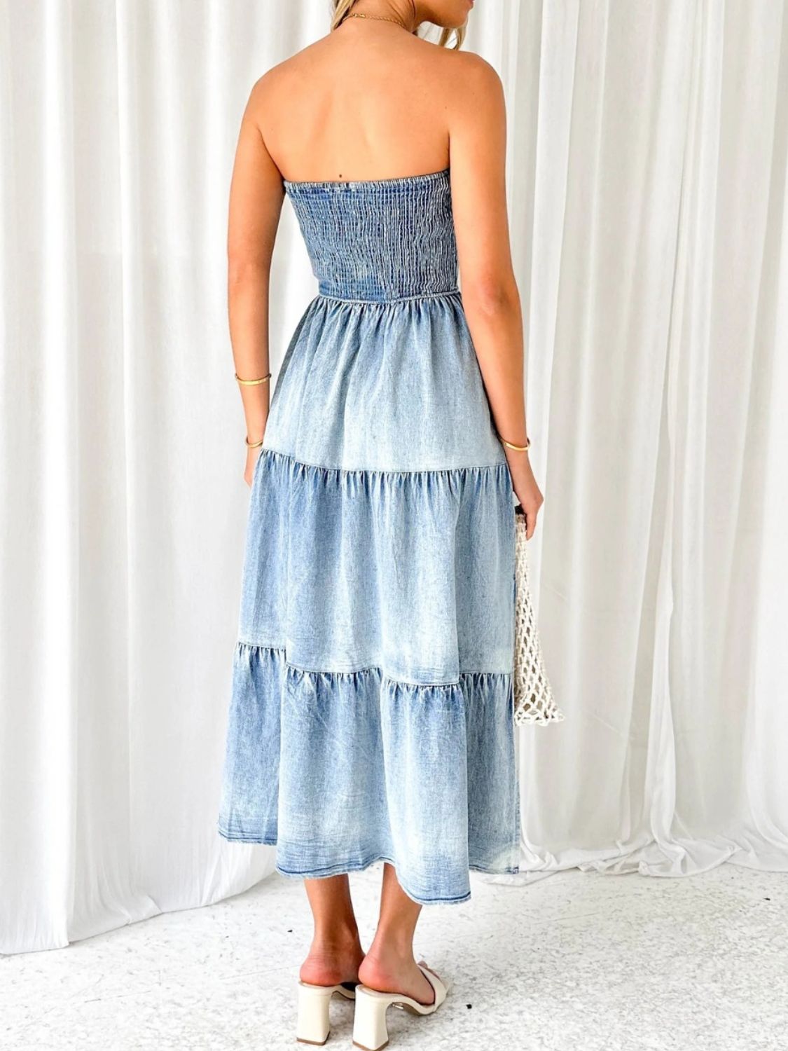 Slit Smocked Tube Tiered Denim Dress - The Beaucoup Home