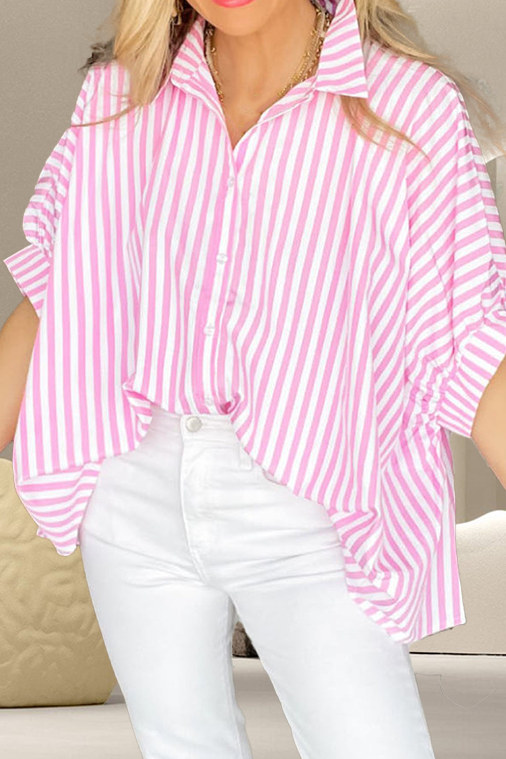 Striped Collared Neck Half Sleeve Shirt - The Beaucoup Home