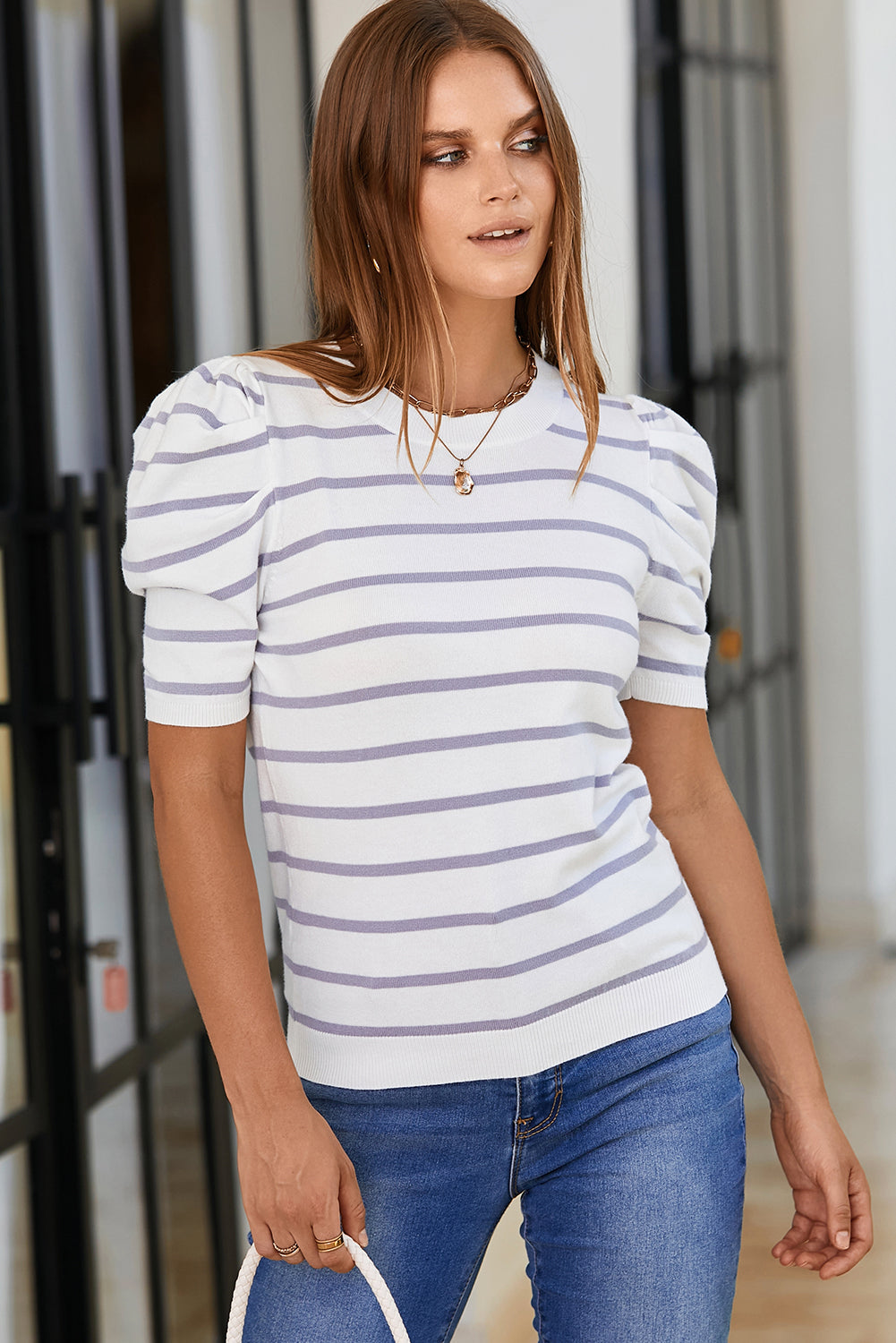 Striped Round Neck Puff Sleeve Knit Top - The Beaucoup Home