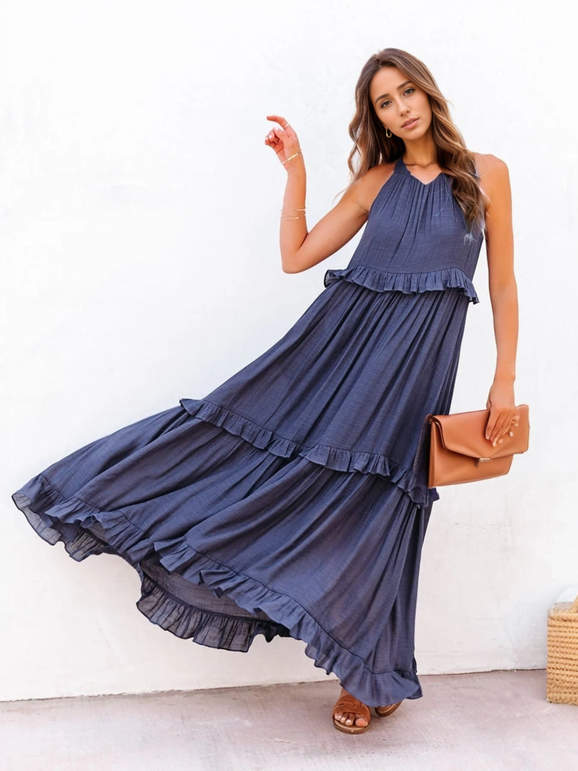 Ruffled Sleeveless Tiered Maxi Dress with Pockets - The Beaucoup Home