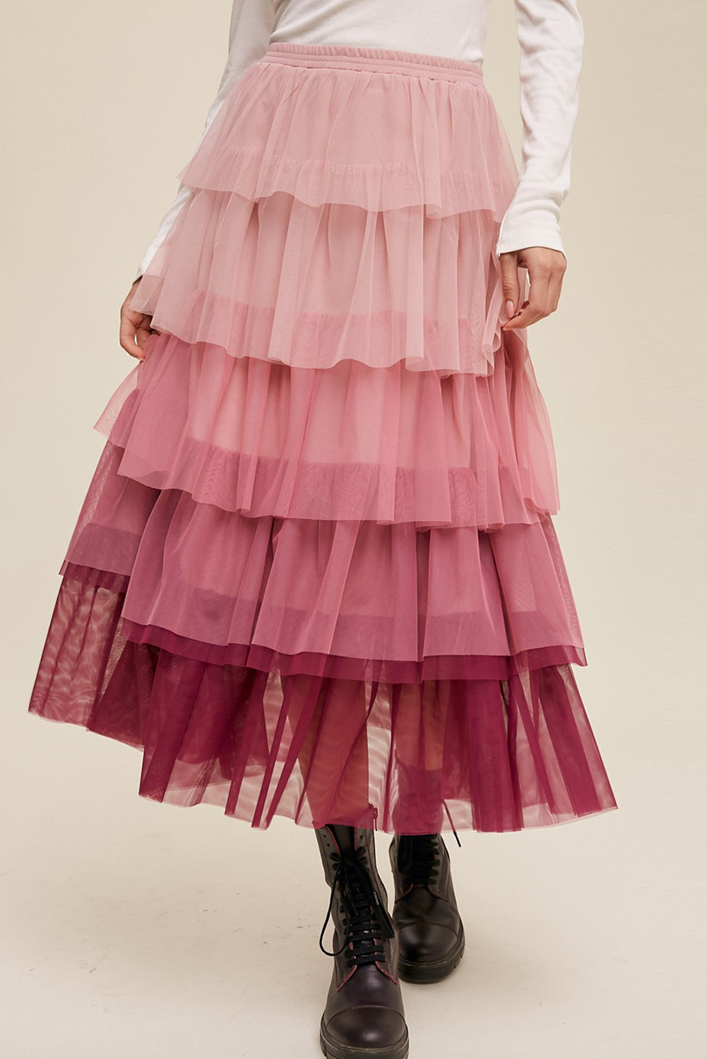 Elastic Waist Layered Tulle Midi Skirt - The Beaucoup Home