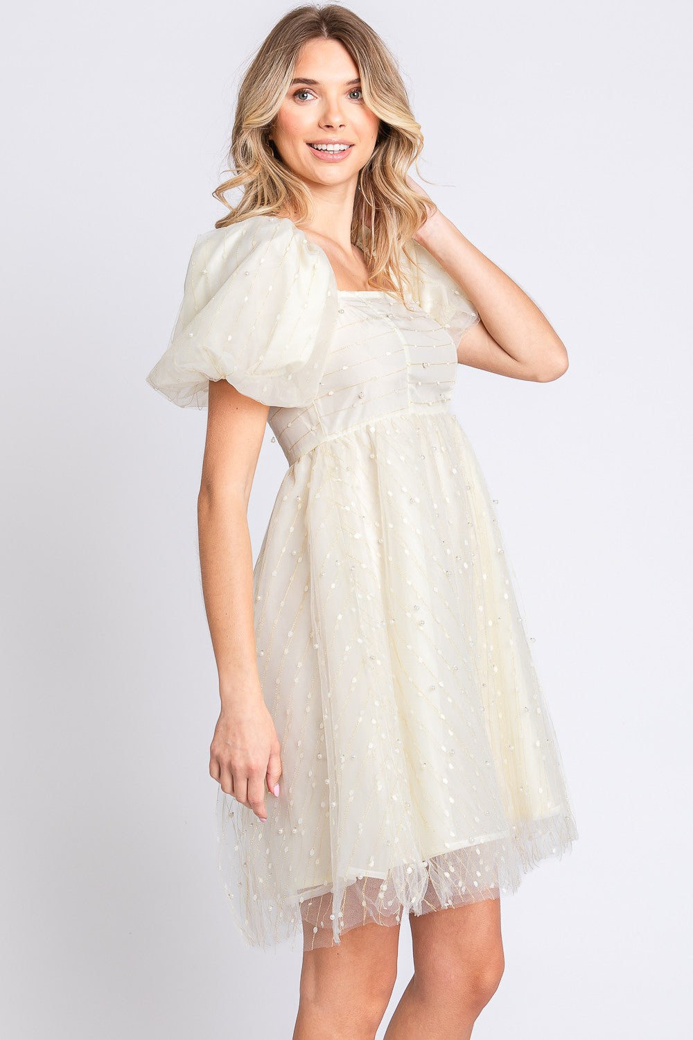 GeeGee Pearl Mesh Puff Sleeve Babydoll Dress - The Beaucoup Home