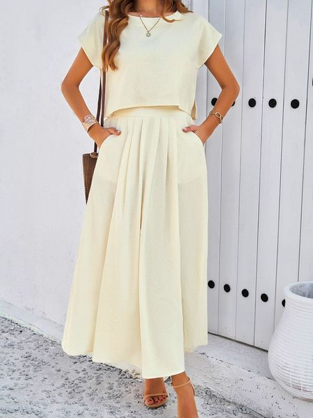 Solid Color Casual Sleeveless Top and Long Pleated Skirt  2 Piece Set