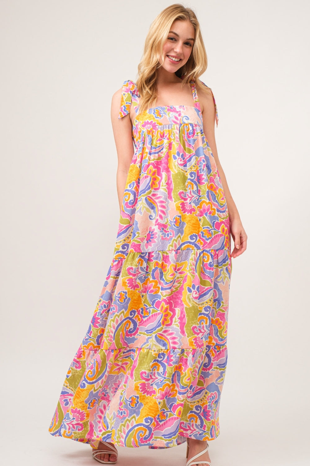 And The Why Full Size Printed Tie Shoulder Tiered Maxi Dress - The Beaucoup Home