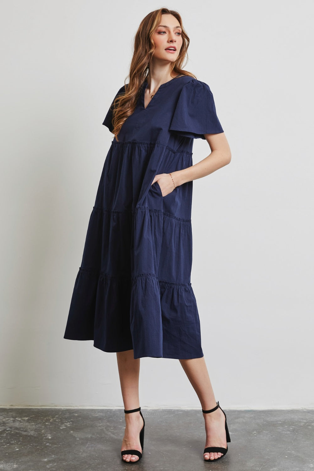 HEYSON Full Size Cotton Poplin Ruffled Tiered Midi Dress - The Beaucoup Home