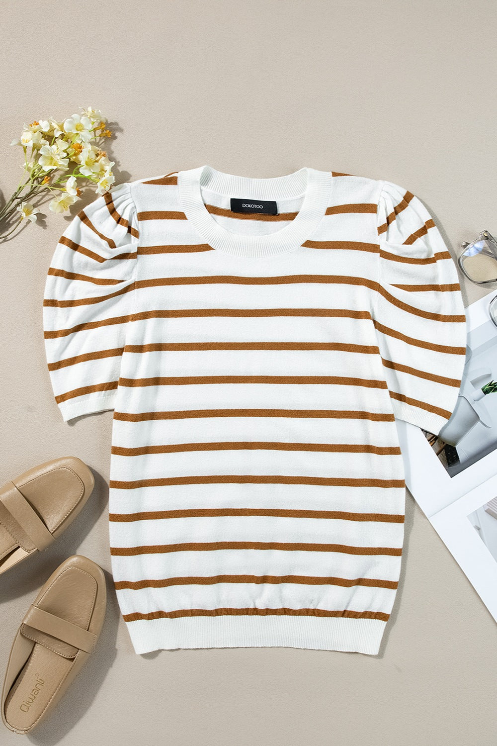 Striped Round Neck Puff Sleeve Knit Top - The Beaucoup Home