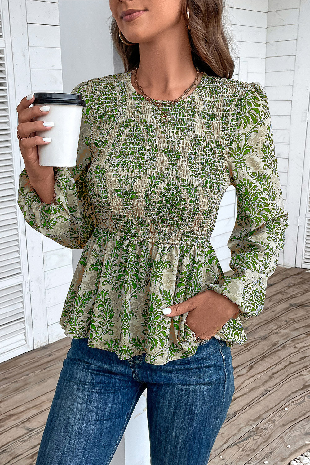 Smocked Printed Balloon Sleeve Blouse - The Beaucoup Home