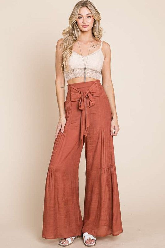 Tie front ruched waist back pants - The Beaucoup Home