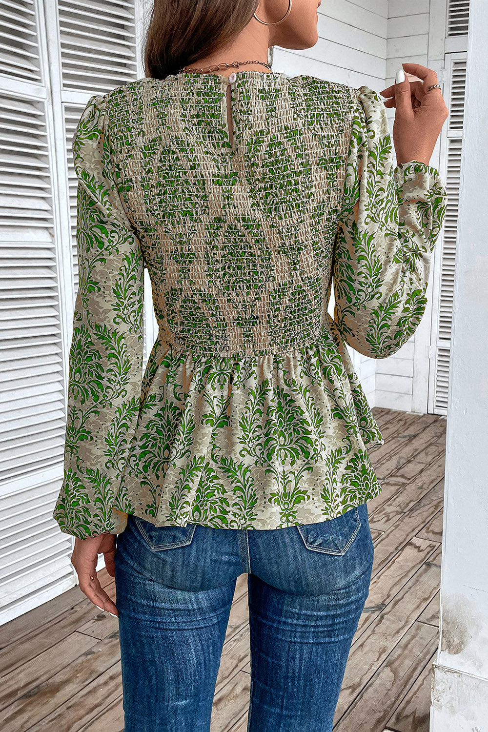 Smocked Printed Balloon Sleeve Blouse - The Beaucoup Home