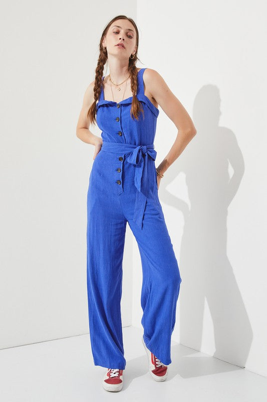 Sleeveless Adjustable Strap Button Down Jumpsuit - The Beaucoup Home