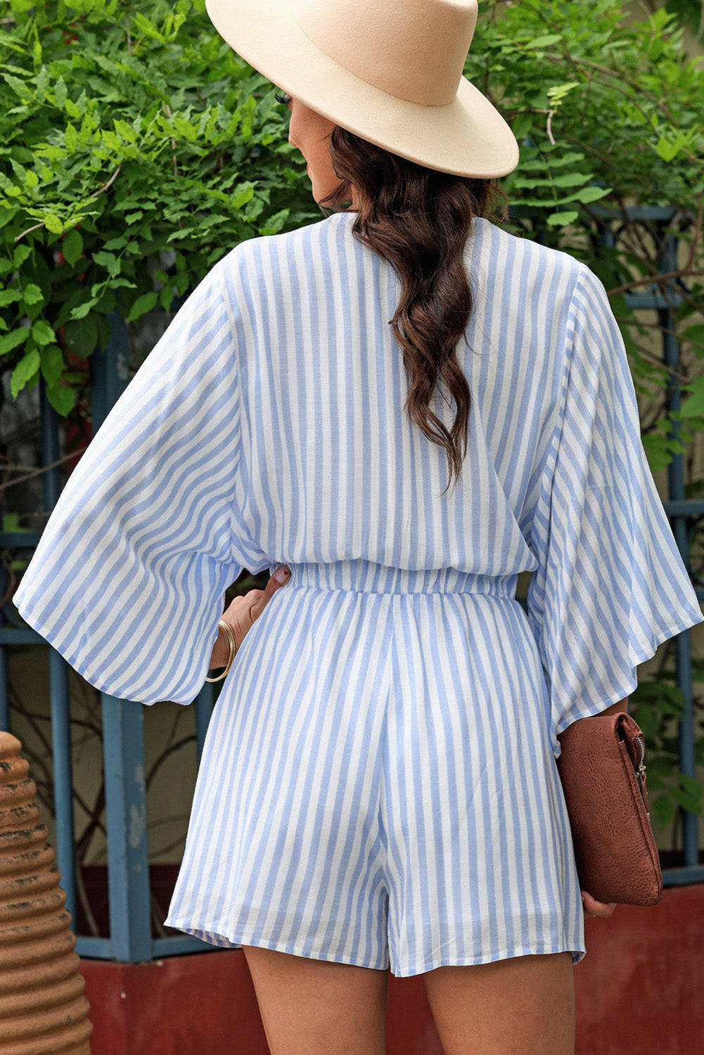 Tied Striped Three-Quarter Sleeve Romper - The Beaucoup Home