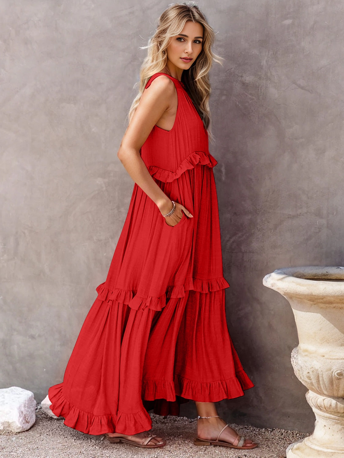 Ruffled Sleeveless Tiered Maxi Dress with Pockets - The Beaucoup Home