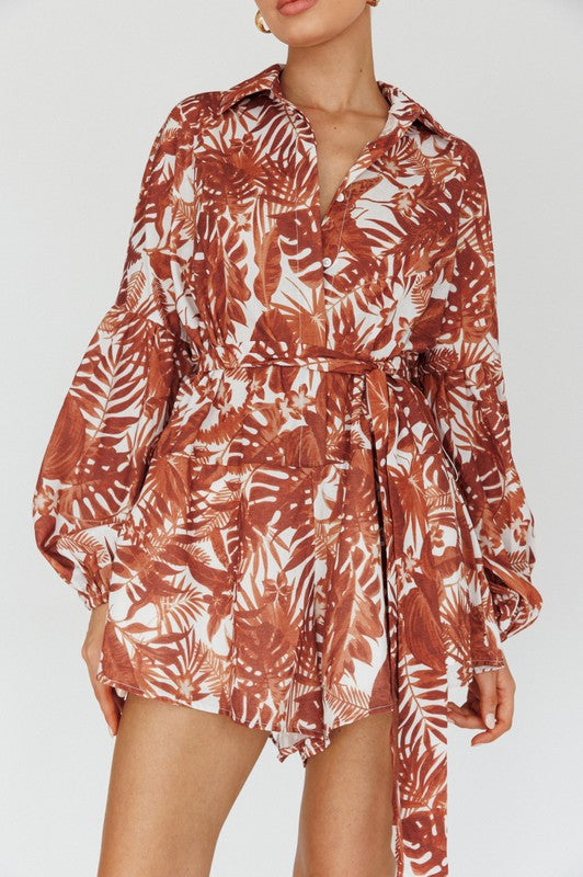 Leaves Print Puff Sleeved Romper - The Beaucoup Home