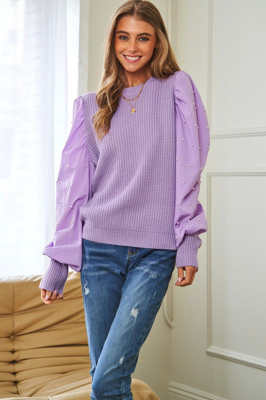 Pearl Embellishments Contrast Sleeves Sweater - The Beaucoup Home