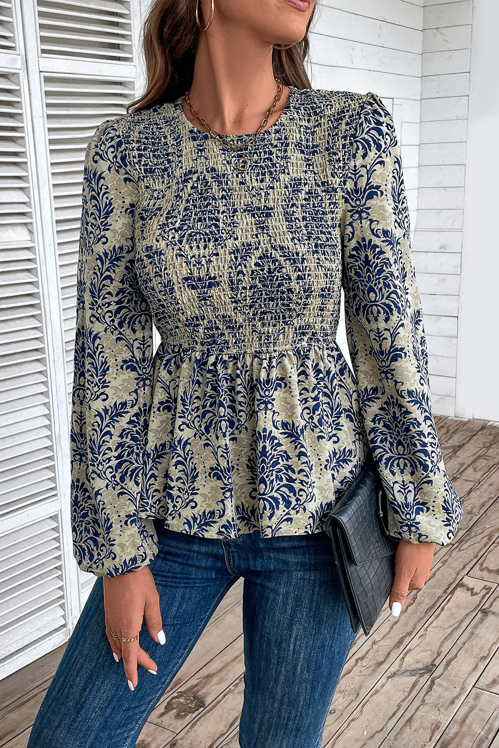 Smocked Printed Balloon Sleeve Blouse - The Beaucoup Home