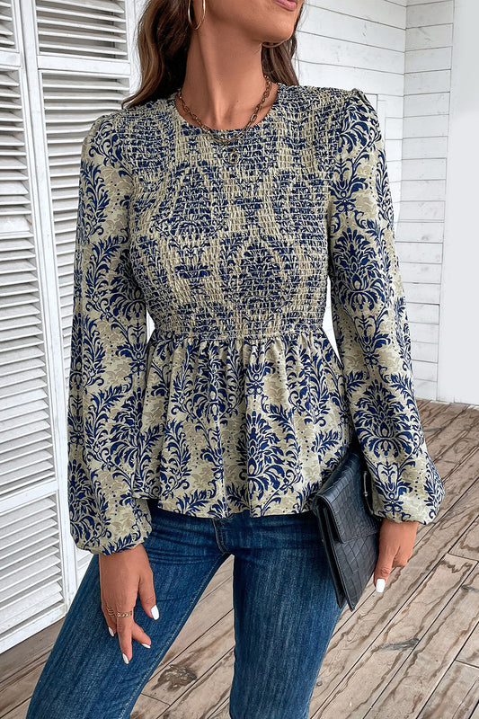 Smocked Printed Balloon Sleeve Blouse - The Beaucoup Home