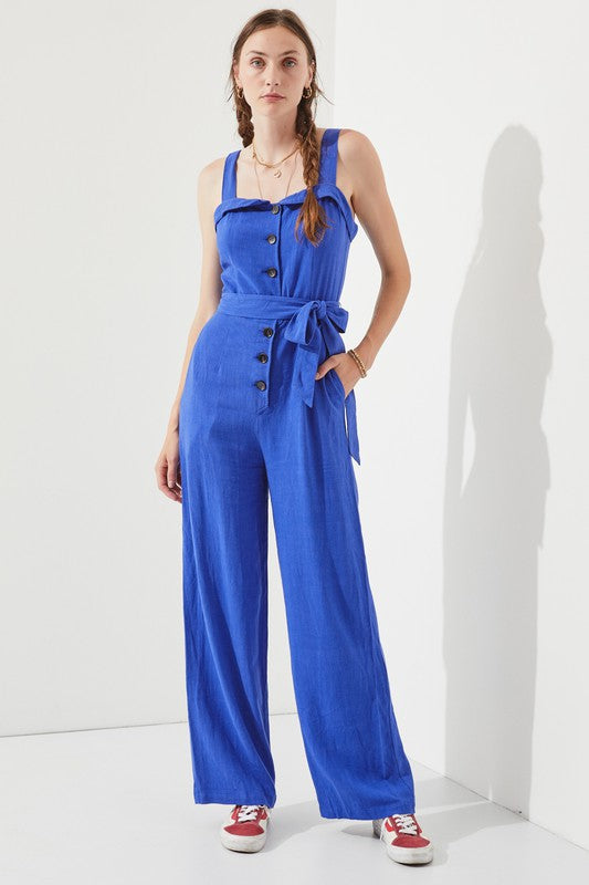 Sleeveless Adjustable Strap Button Down Jumpsuit - The Beaucoup Home