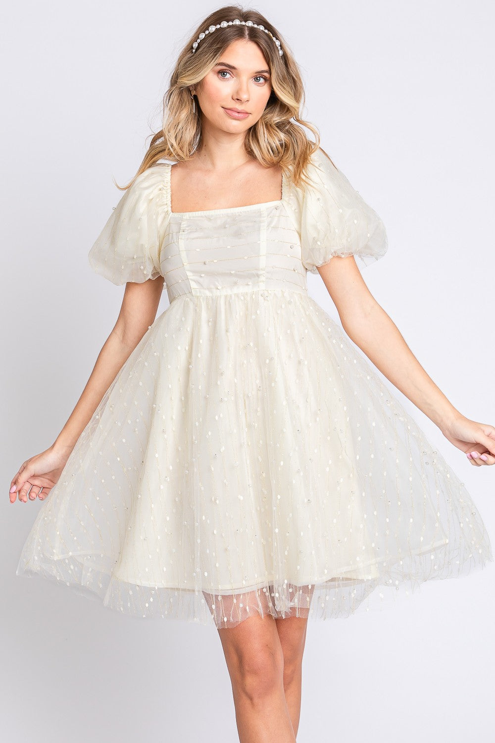 GeeGee Pearl Mesh Puff Sleeve Babydoll Dress - The Beaucoup Home