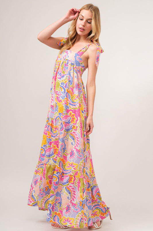 And The Why Full Size Printed Tie Shoulder Tiered Maxi Dress - The Beaucoup Home