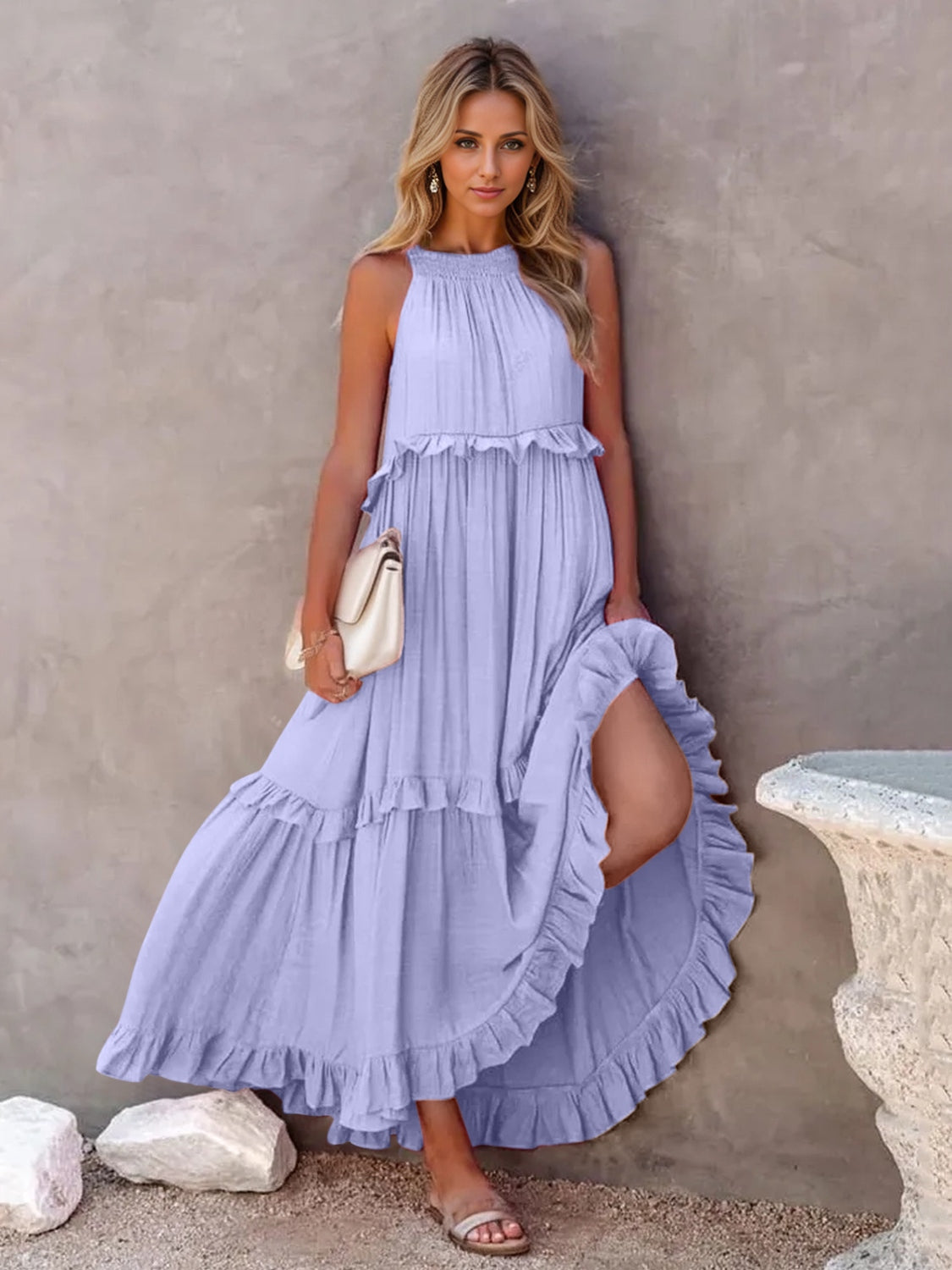 Ruffled Sleeveless Tiered Maxi Dress with Pockets - The Beaucoup Home