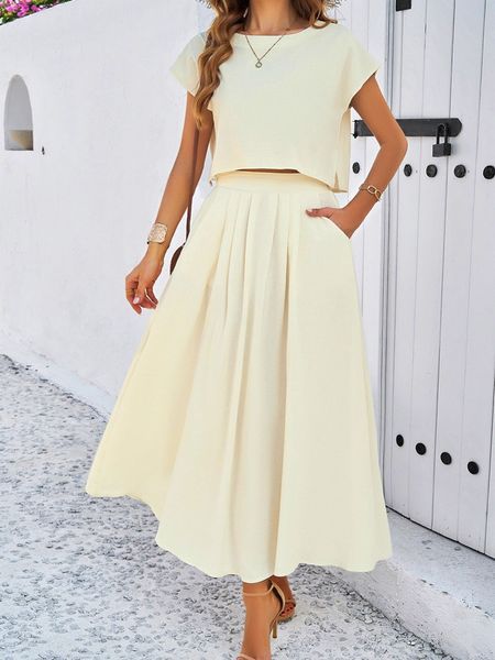 Solid Color Casual Sleeveless Top and Long Pleated Skirt  2 Piece Set