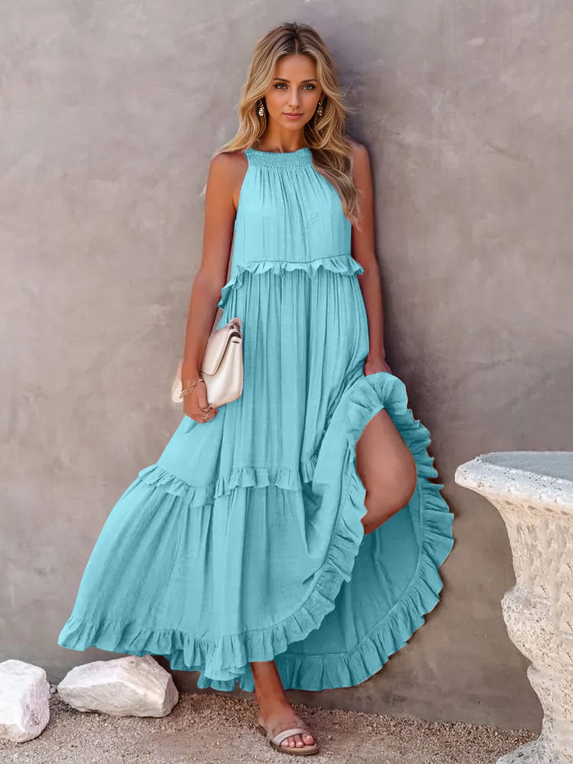 Ruffled Sleeveless Tiered Maxi Dress with Pockets - The Beaucoup Home