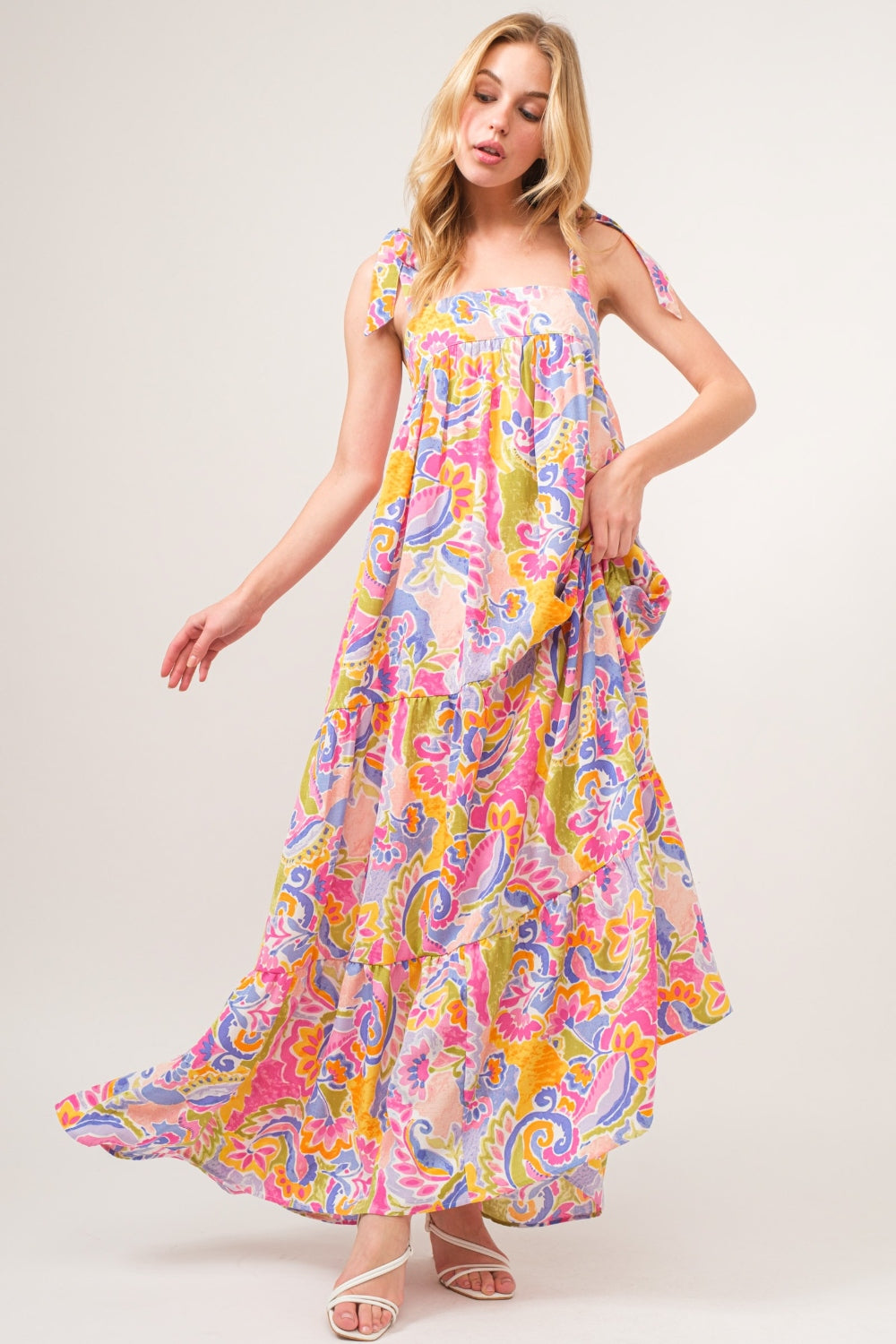 And The Why Full Size Printed Tie Shoulder Tiered Maxi Dress - The Beaucoup Home