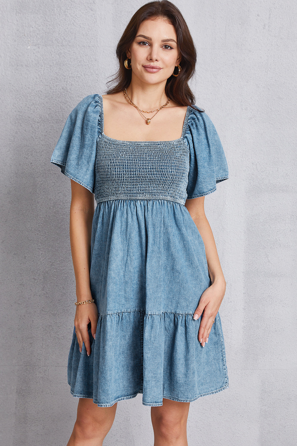 Smocked Square Neck Mini Denim Dress - The Beaucoup Home