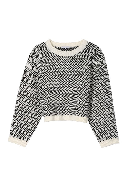 Herringbone Pattern Crew Neck Sweater - The Beaucoup Home