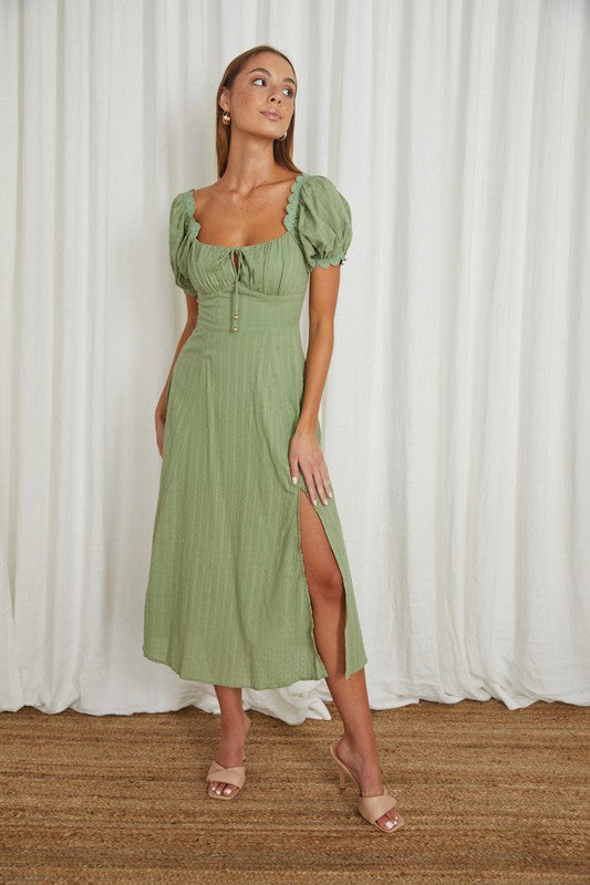 Puff Sleeved Tied Front Midi Dress - The Beaucoup Home