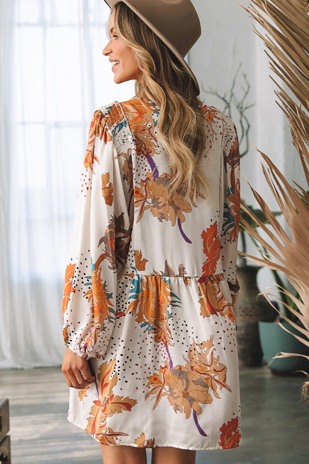 Printed V-Neck Balloon Sleeve Mini Dress - The Beaucoup Home