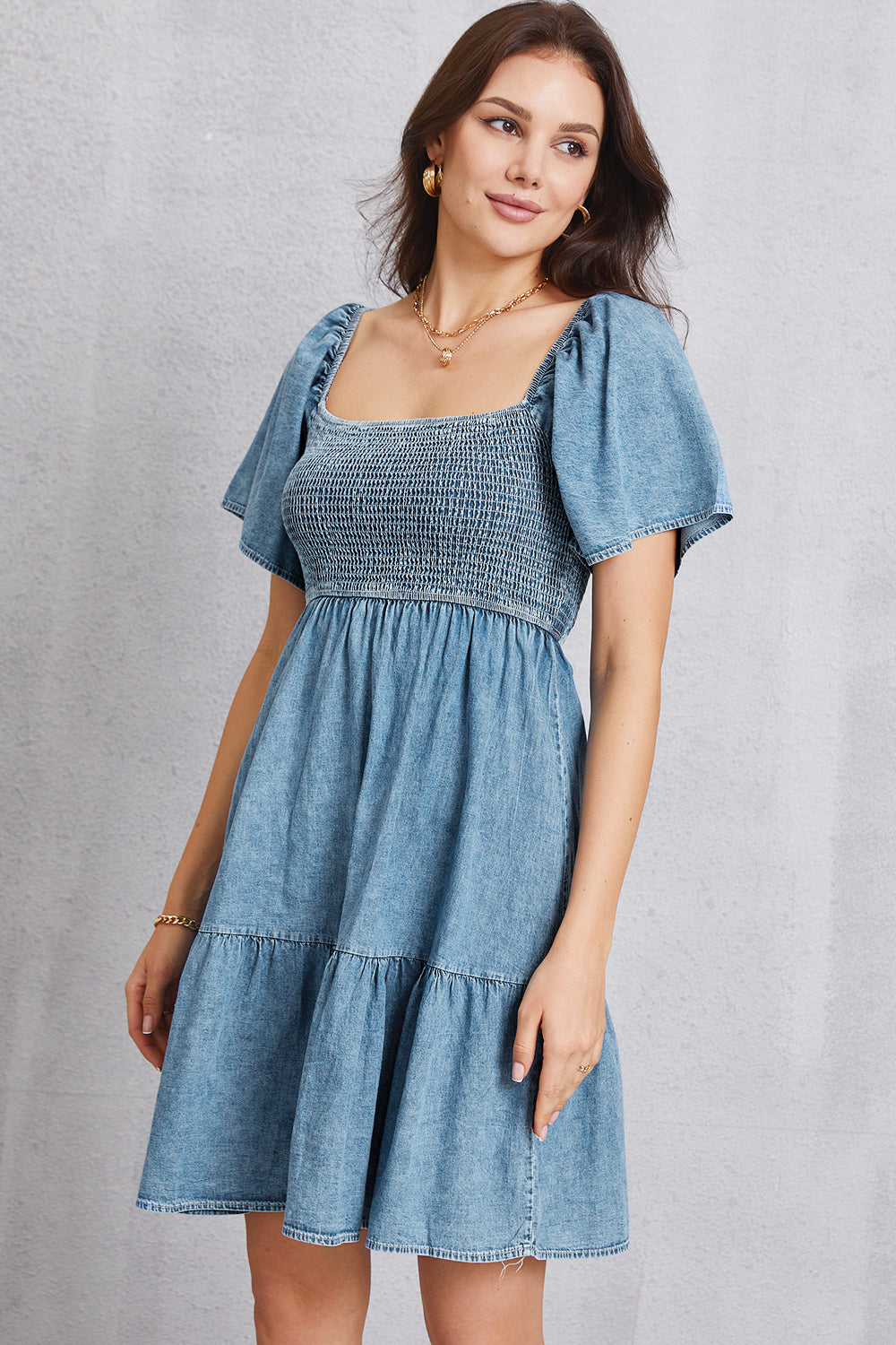 Smocked Square Neck Mini Denim Dress - The Beaucoup Home