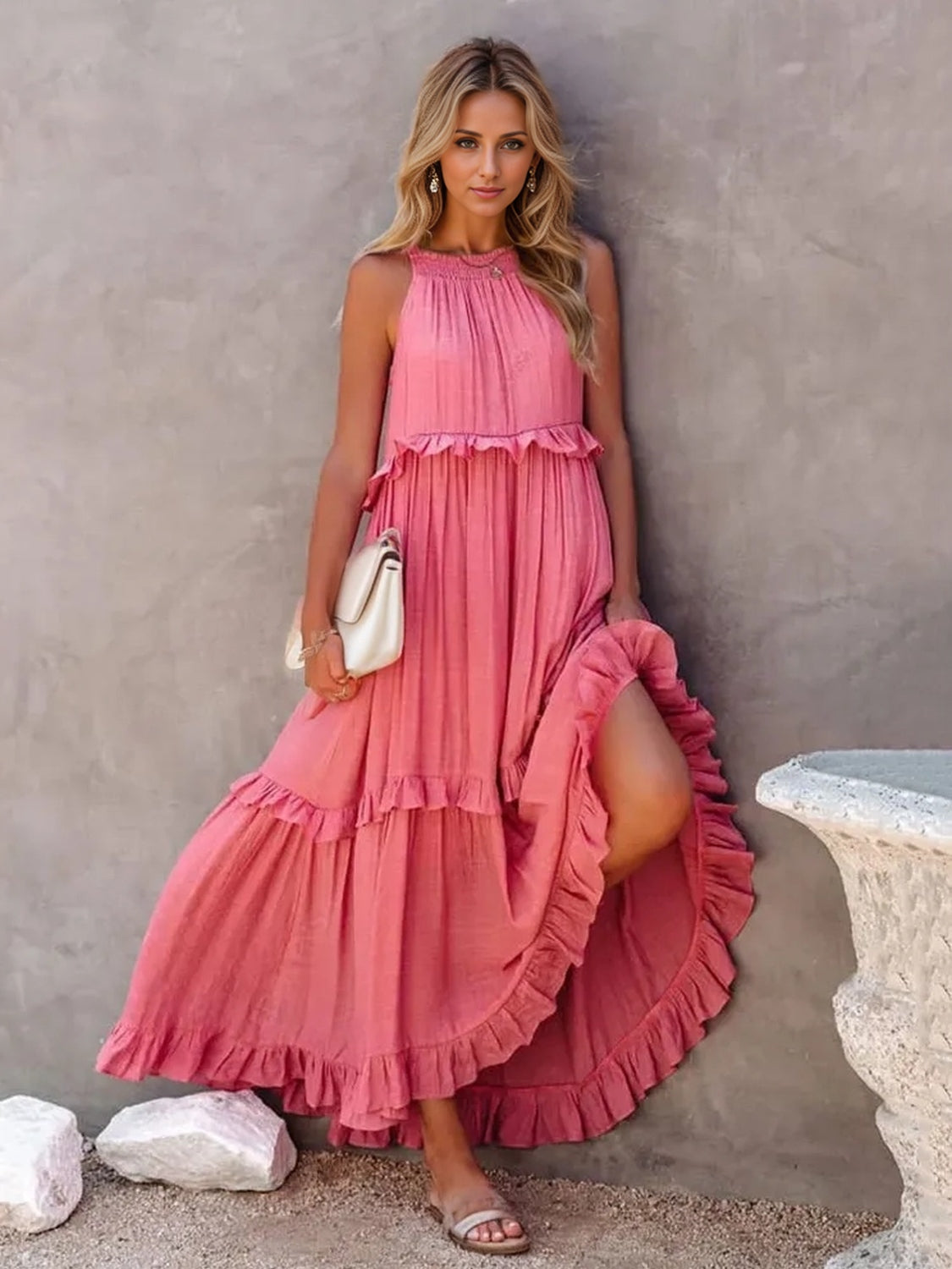 Ruffled Sleeveless Tiered Maxi Dress with Pockets - The Beaucoup Home