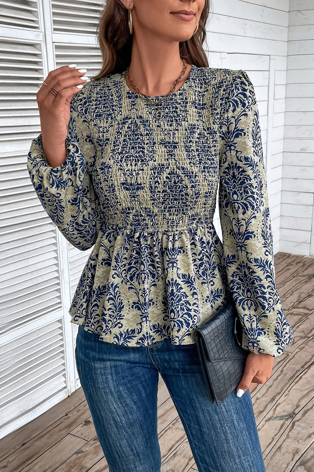 Smocked Printed Balloon Sleeve Blouse - The Beaucoup Home