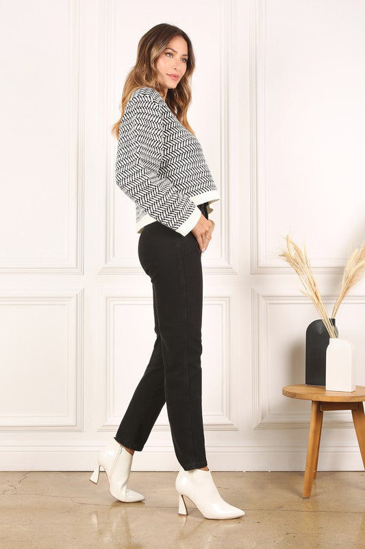 Herringbone Pattern Crew Neck Sweater - The Beaucoup Home