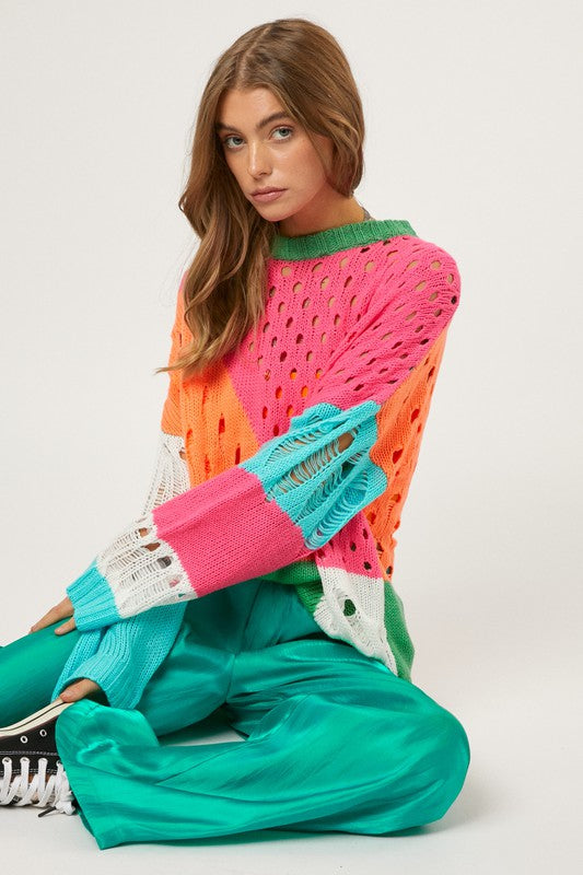 Color Block Distressed Detail Pullover Sweater - The Beaucoup Home