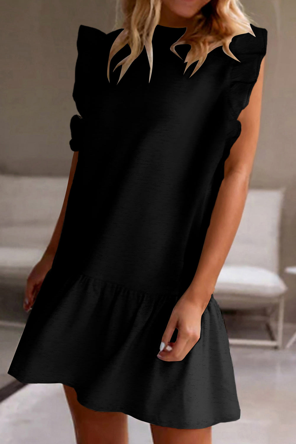 Ruffled Round Neck Cap Sleeve Mini Dress - The Beaucoup Home